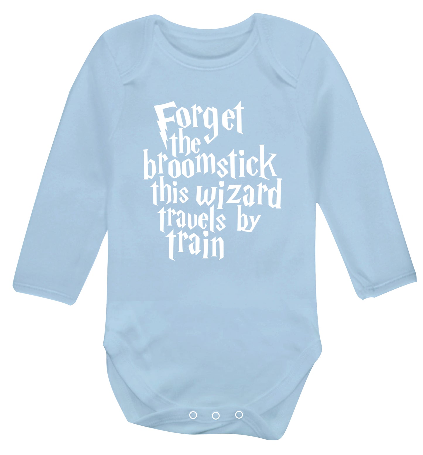 Forget the broomstick this wizard travels by train Baby Vest long sleeved pale blue 6-12 months