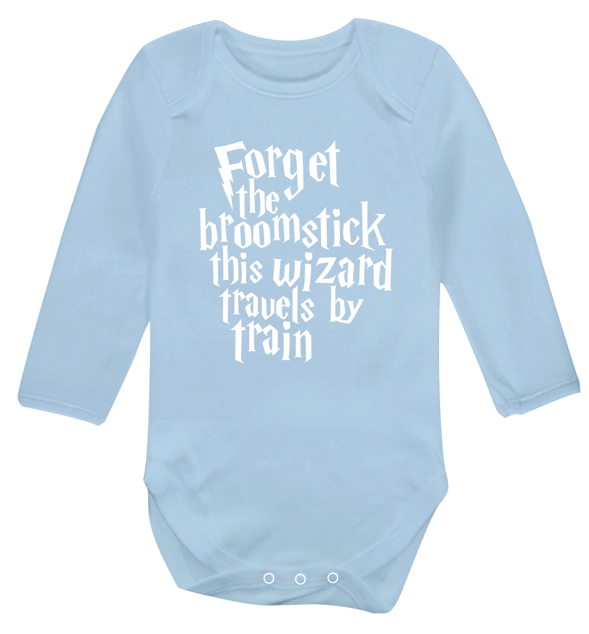 Forget the broomstick this wizard travels by train Baby Vest long sleeved pale blue 6-12 months