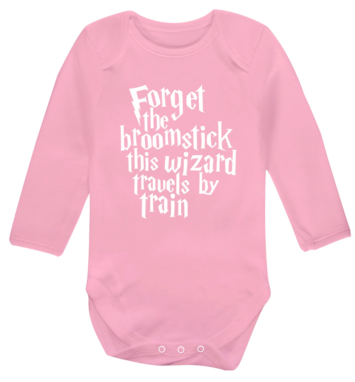 Forget the broomstick this wizard travels by train Baby Vest long sleeved pale pink 6-12 months