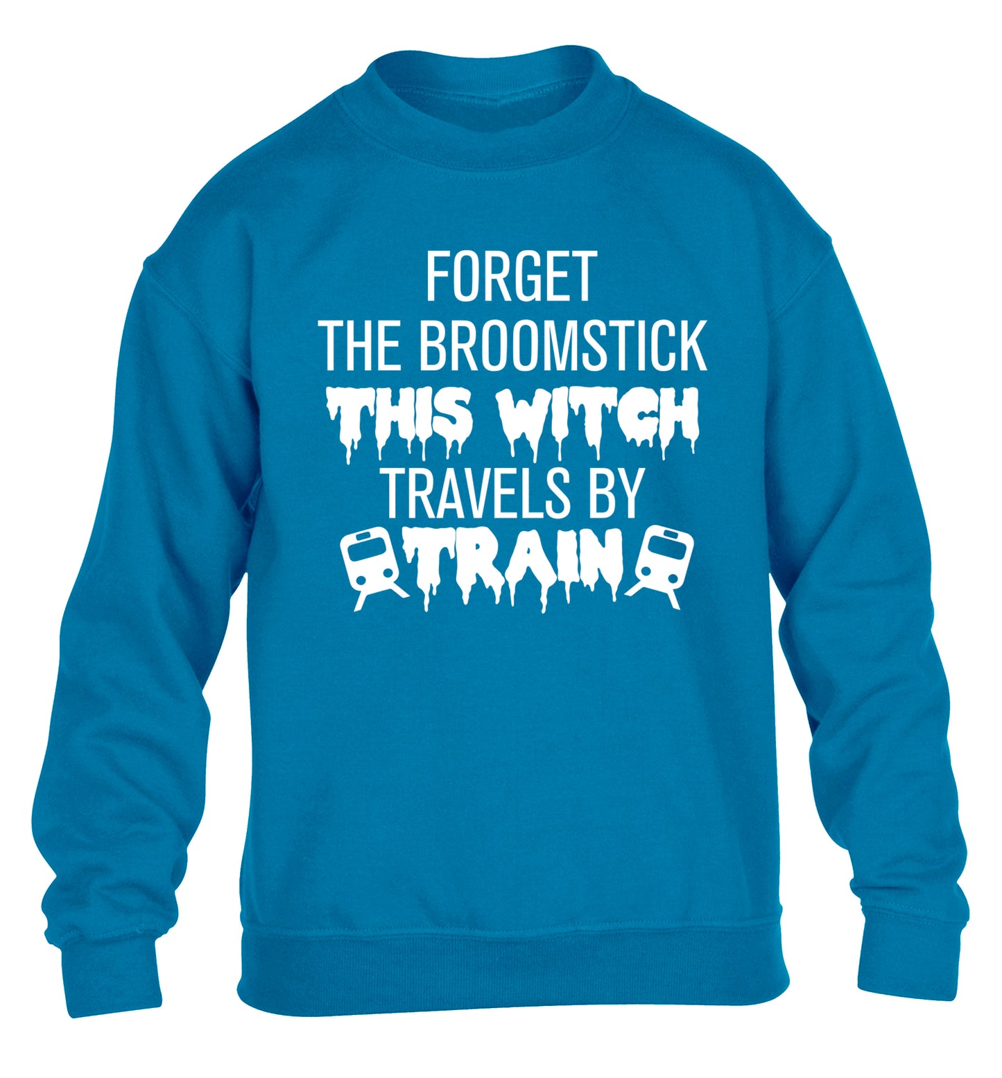 Forget the broomstick this witch travels by train children's blue sweater 12-14 Years