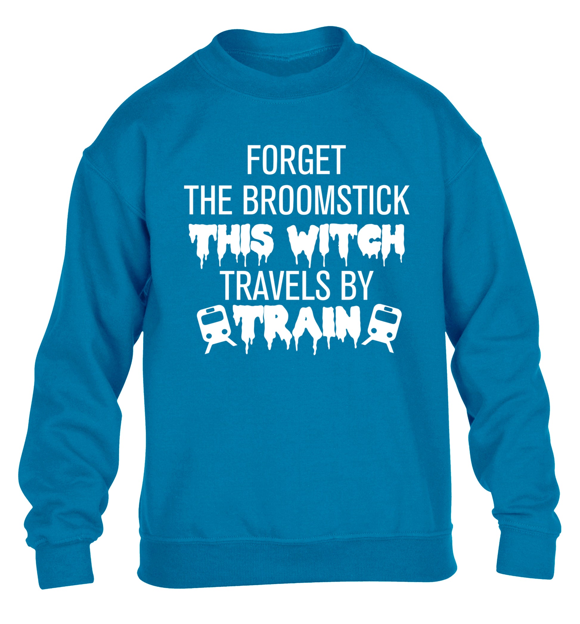 Forget the broomstick this witch travels by train children's blue sweater 12-14 Years