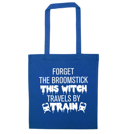 Forget the broomstick this witch travels by train blue tote bag