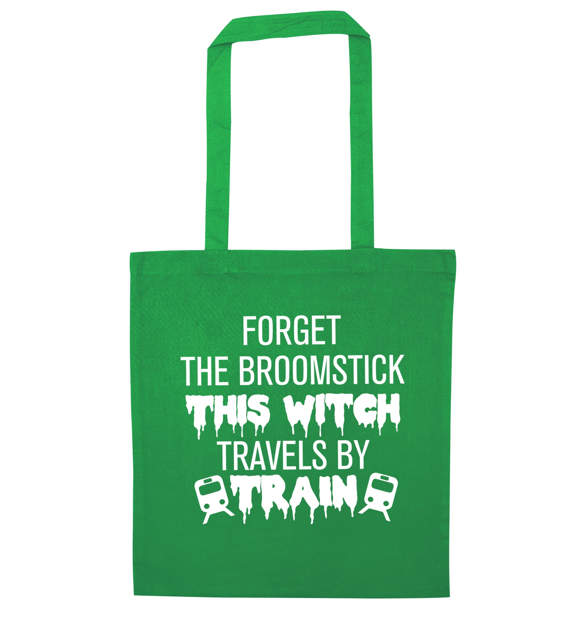 Forget the broomstick this witch travels by train green tote bag