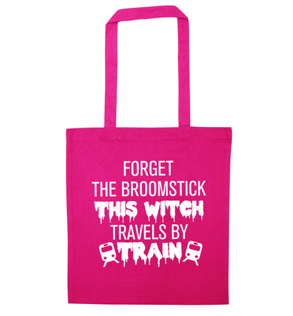 Forget the broomstick this witch travels by train pink tote bag