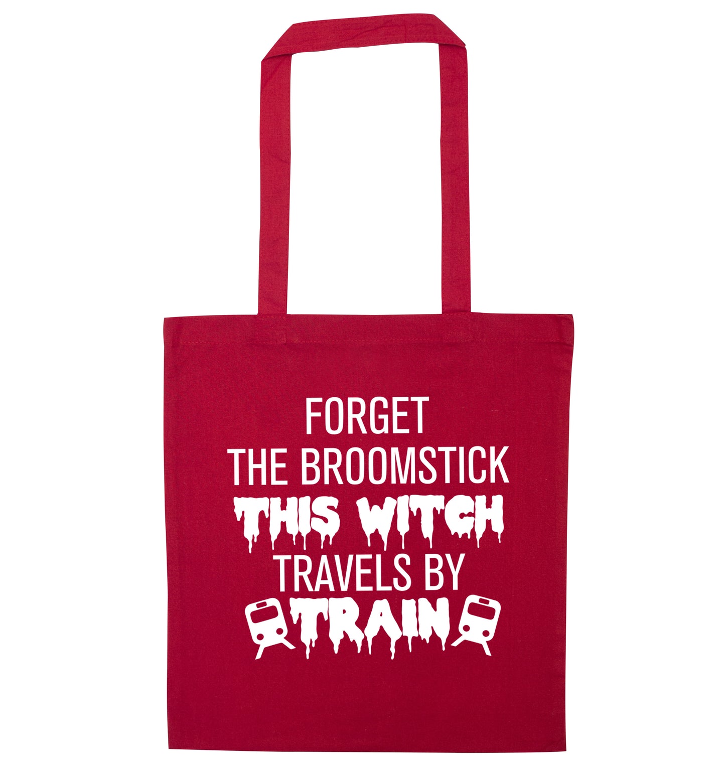 Forget the broomstick this witch travels by train red tote bag