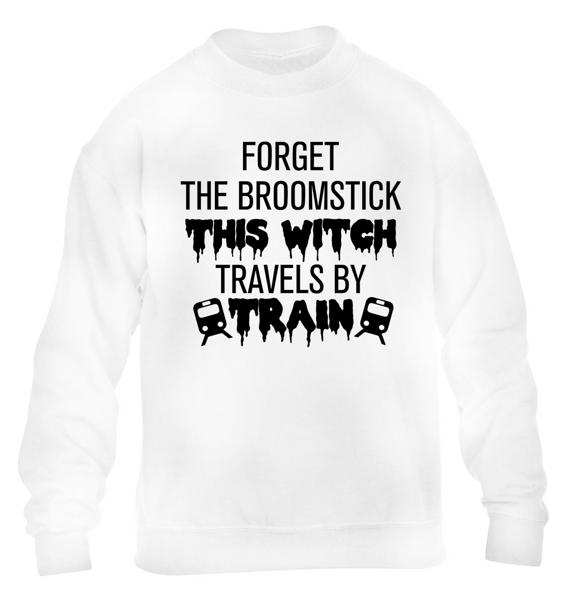 Forget the broomstick this witch travels by train children's white sweater 12-14 Years