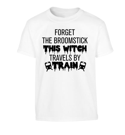 Forget the broomstick this witch travels by train Children's white Tshirt 12-14 Years
