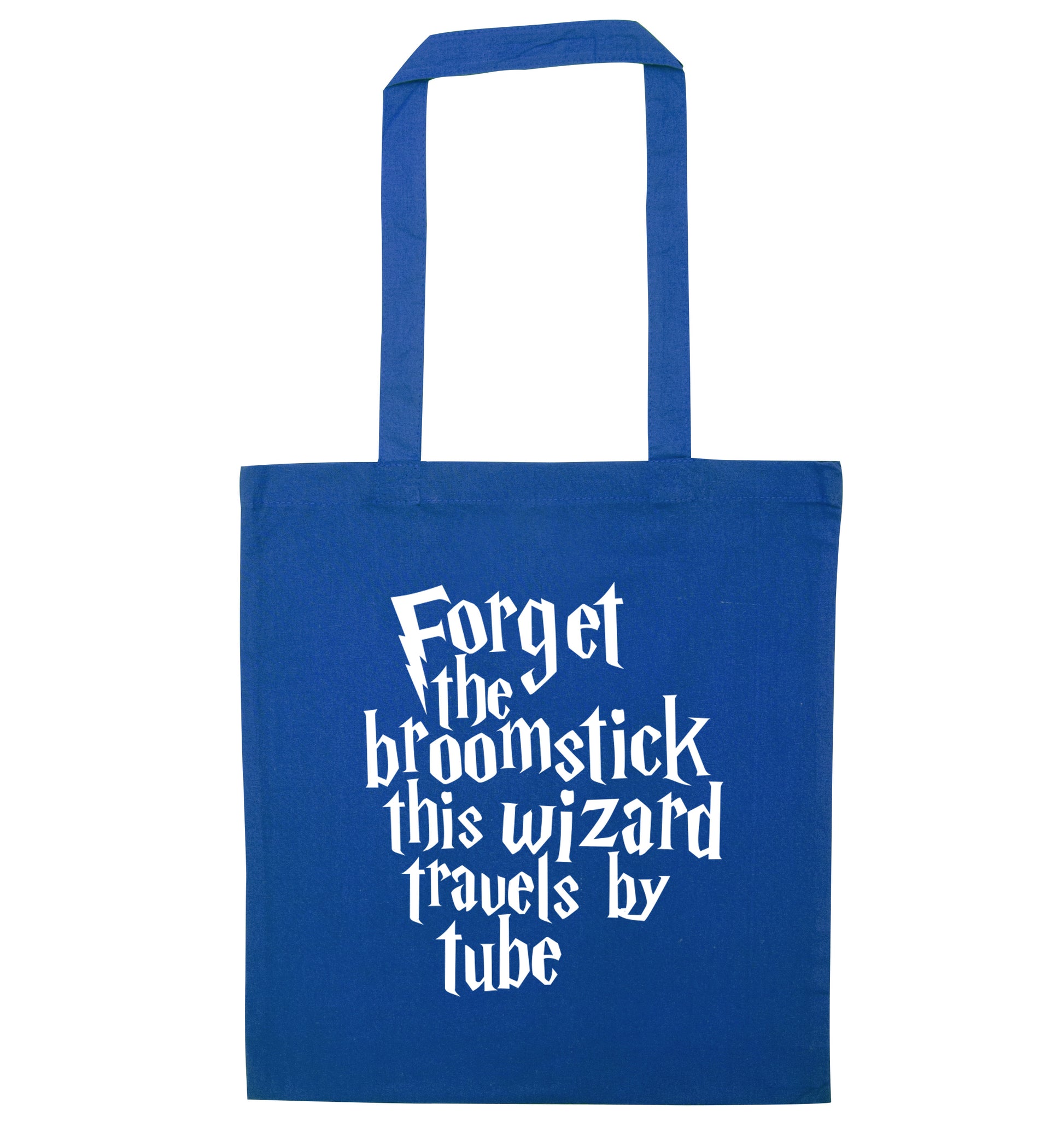 Forget the broomstick this wizard travels by tube blue tote bag