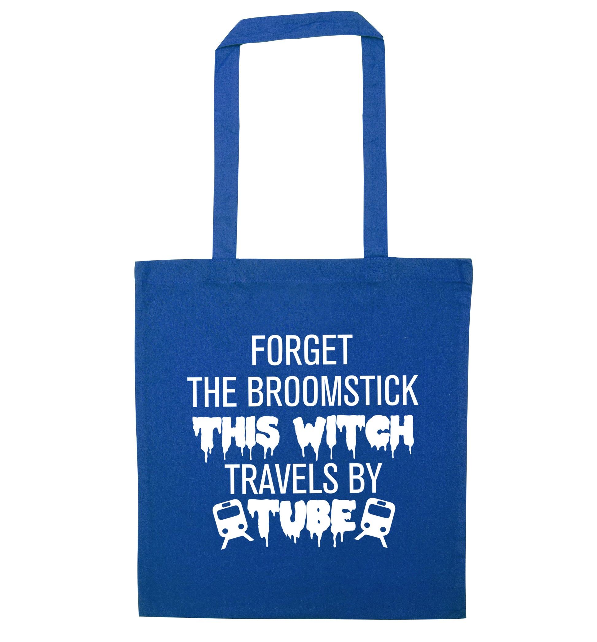 Forget the broomstick this witch travels by tube blue tote bag