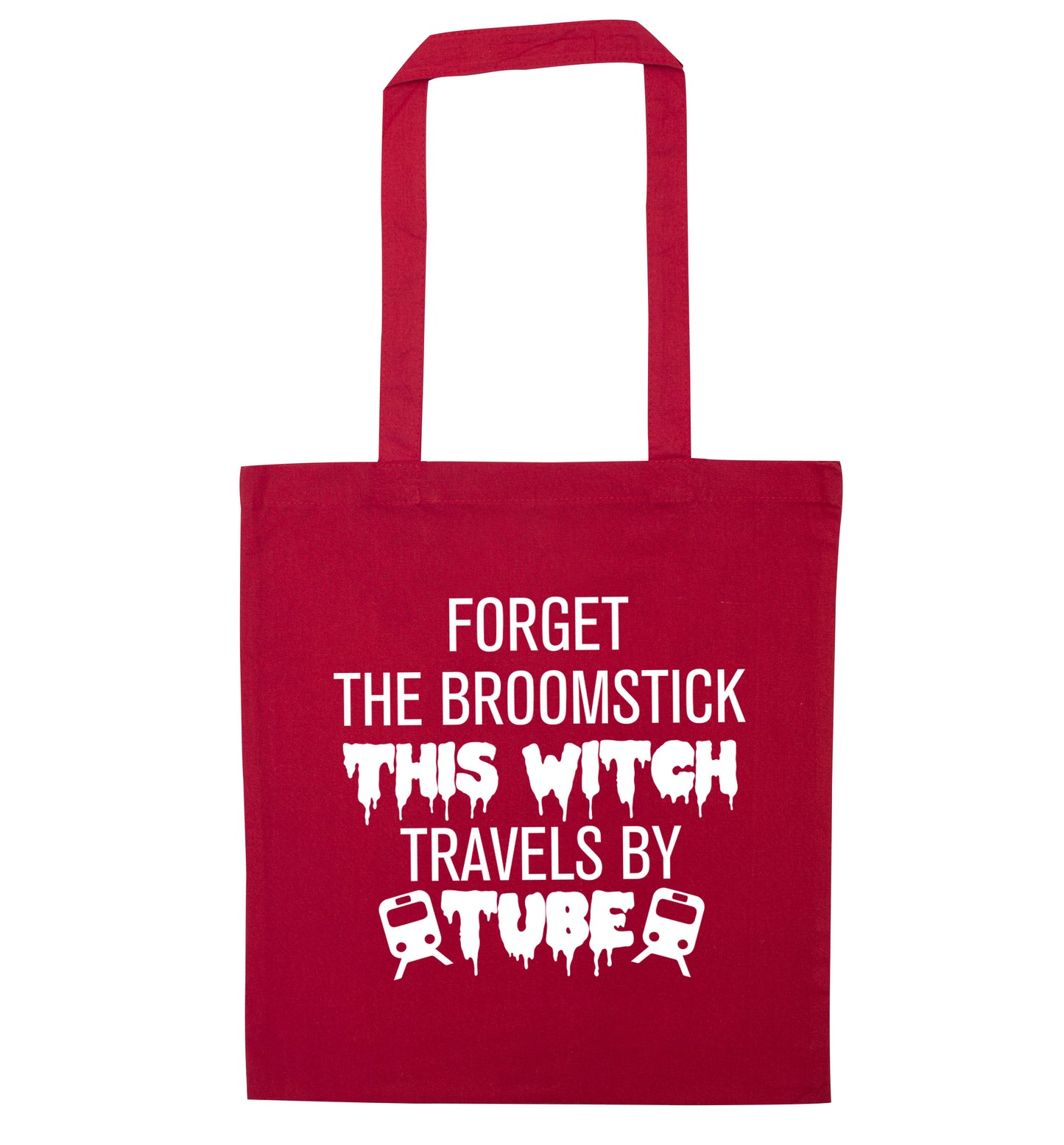 Forget the broomstick this witch travels by tube red tote bag