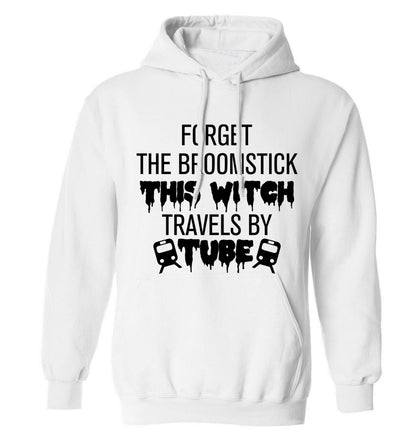 Forget the broomstick this witch travels by tube adults unisexwhite hoodie 2XL