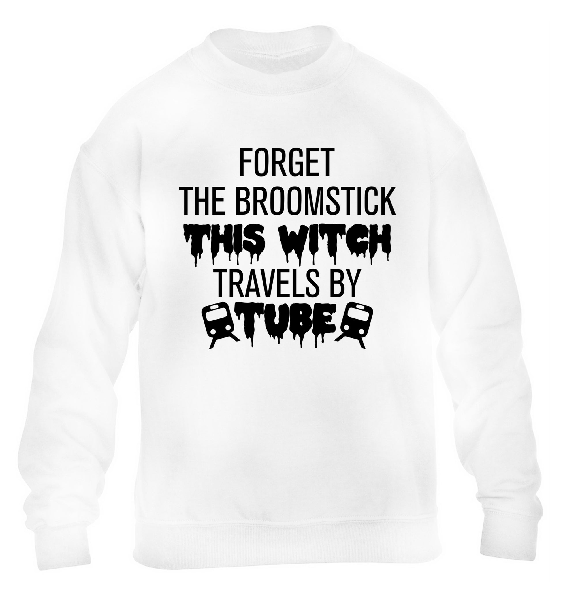 Forget the broomstick this witch travels by tube children's white sweater 12-14 Years