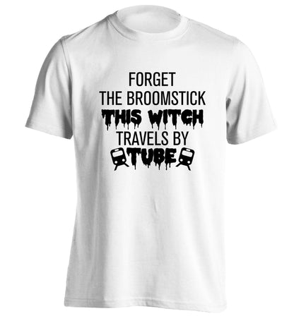 Forget the broomstick this witch travels by tube adults unisexwhite Tshirt 2XL