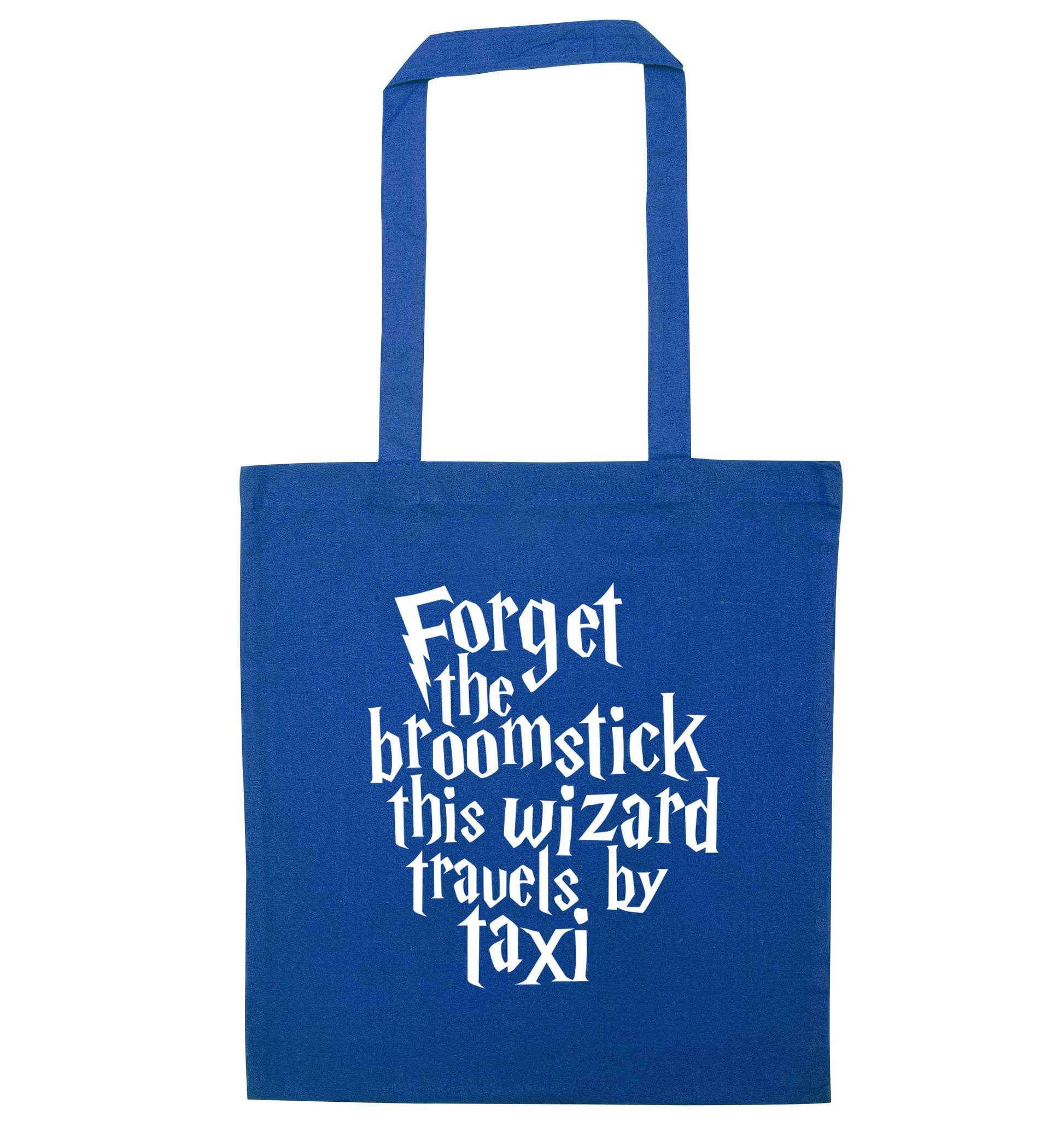 Forget the broomstick this wizard travels by taxi blue tote bag