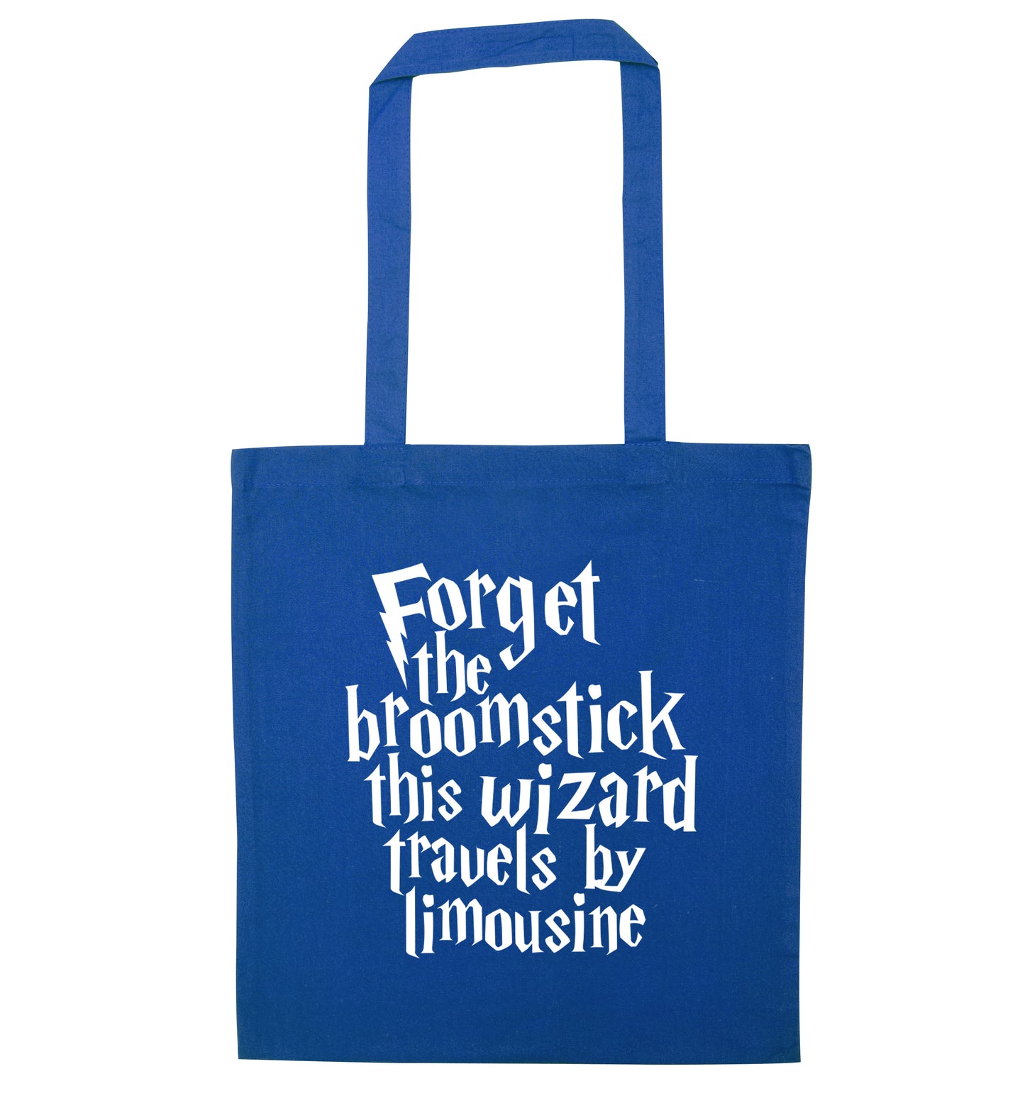 Forget the broomstick this wizard travels by limousine blue tote bag