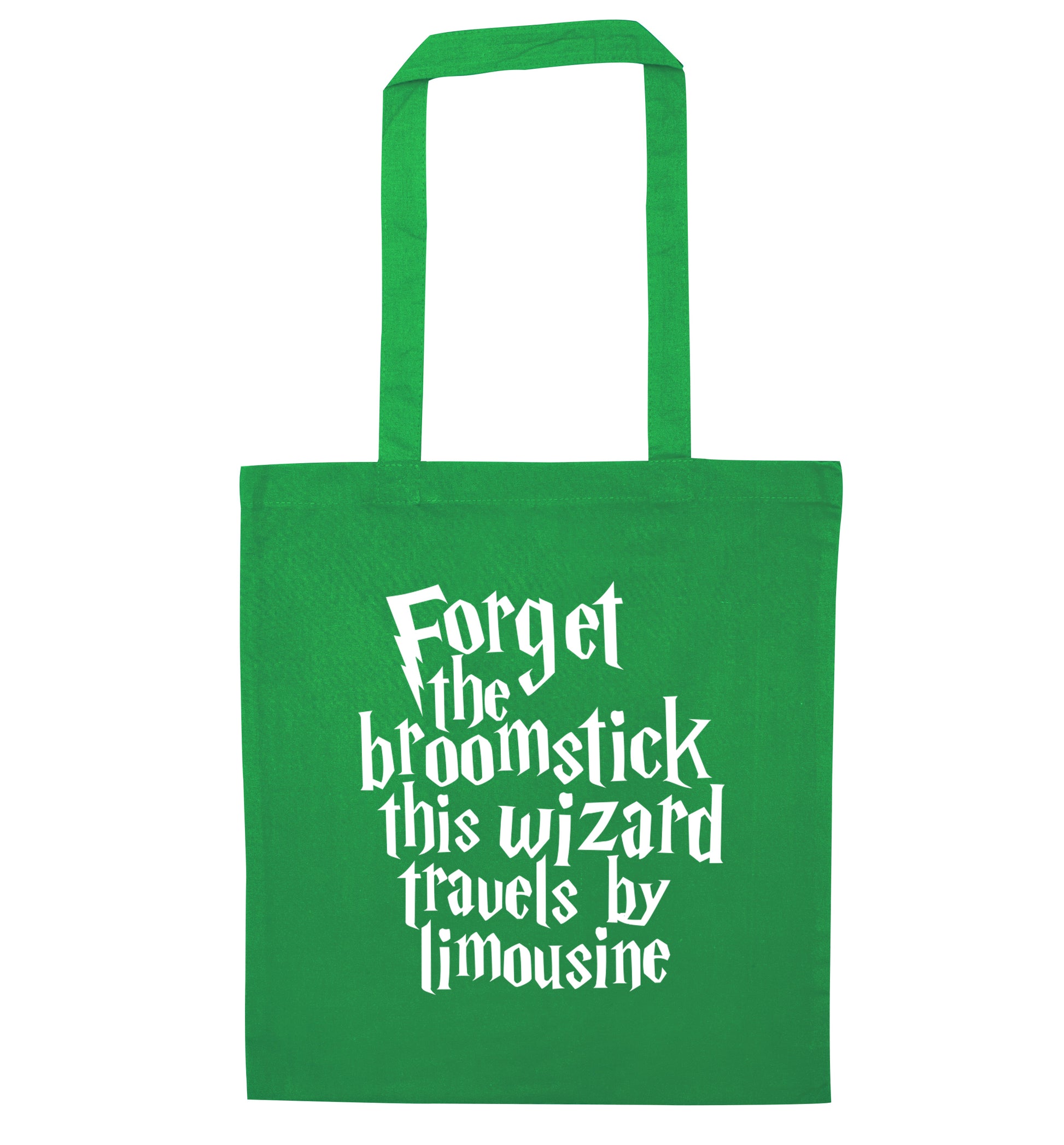 Forget the broomstick this wizard travels by limousine green tote bag