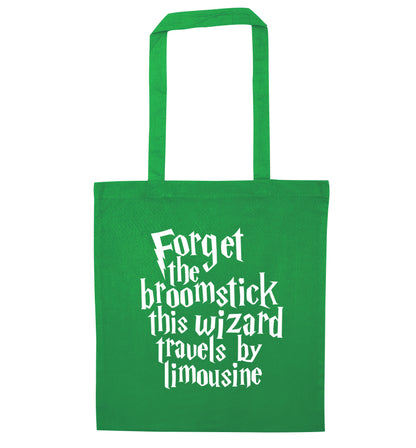 Forget the broomstick this wizard travels by limousine green tote bag