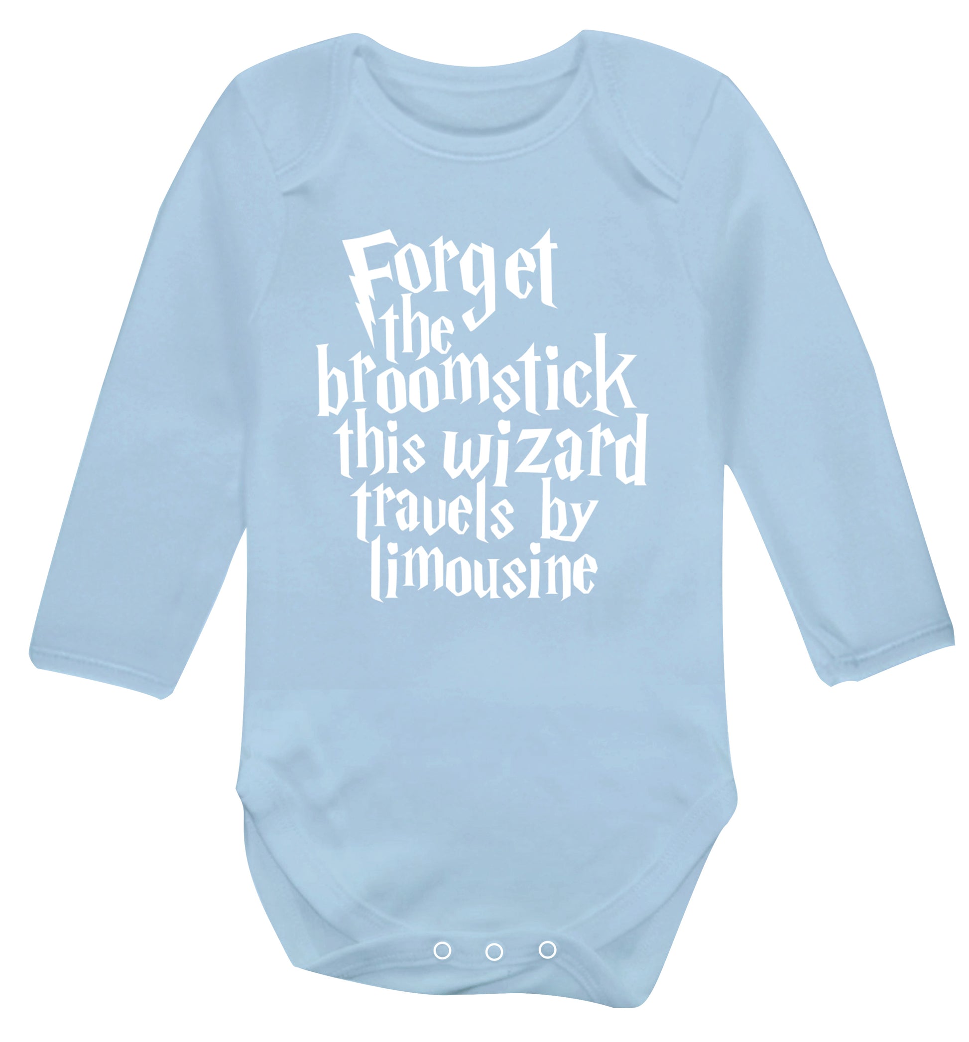 Forget the broomstick this wizard travels by limousine Baby Vest long sleeved pale blue 6-12 months