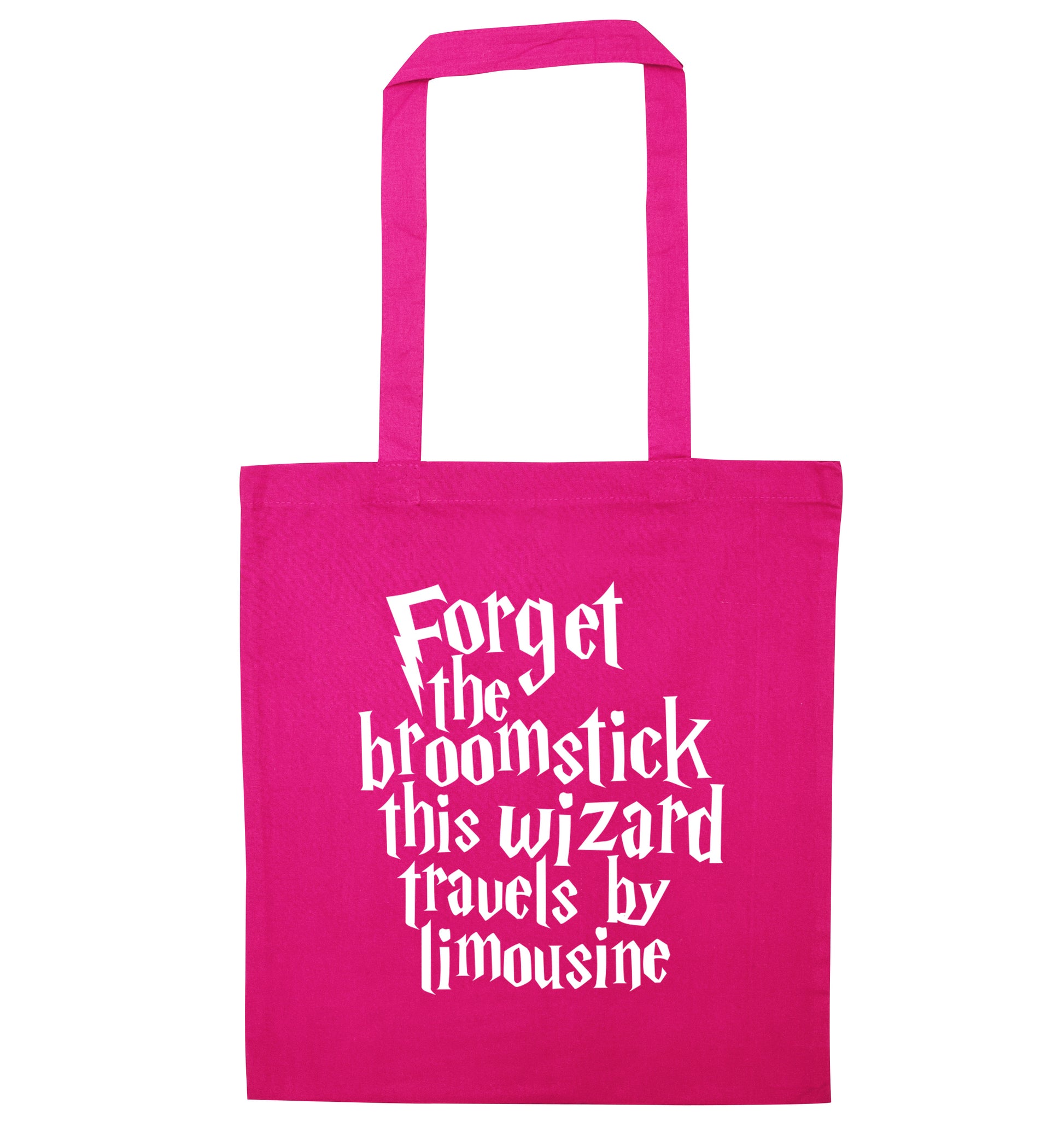 Forget the broomstick this wizard travels by limousine pink tote bag
