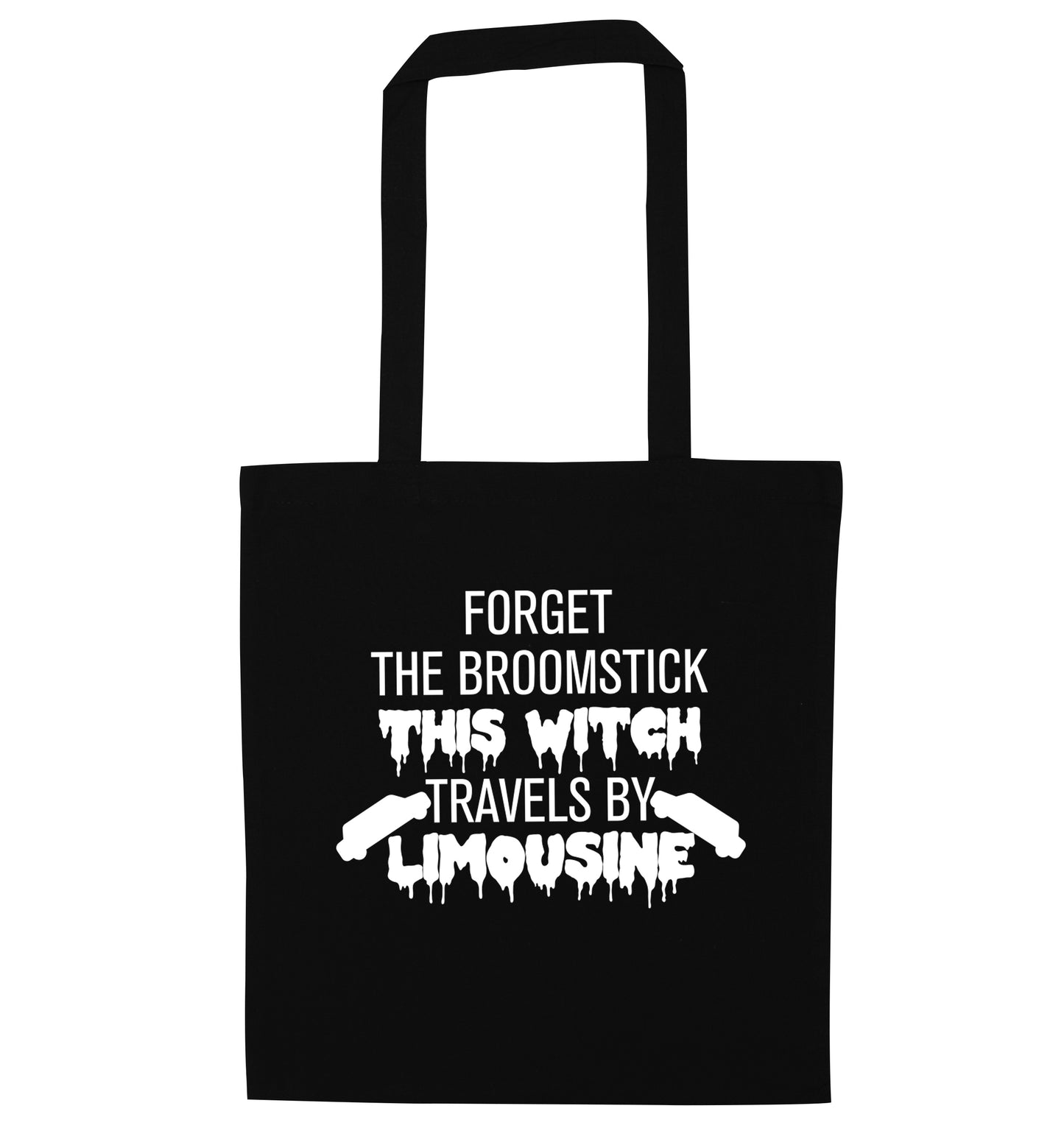 Forget the broomstick this witch travels by limousine black tote bag
