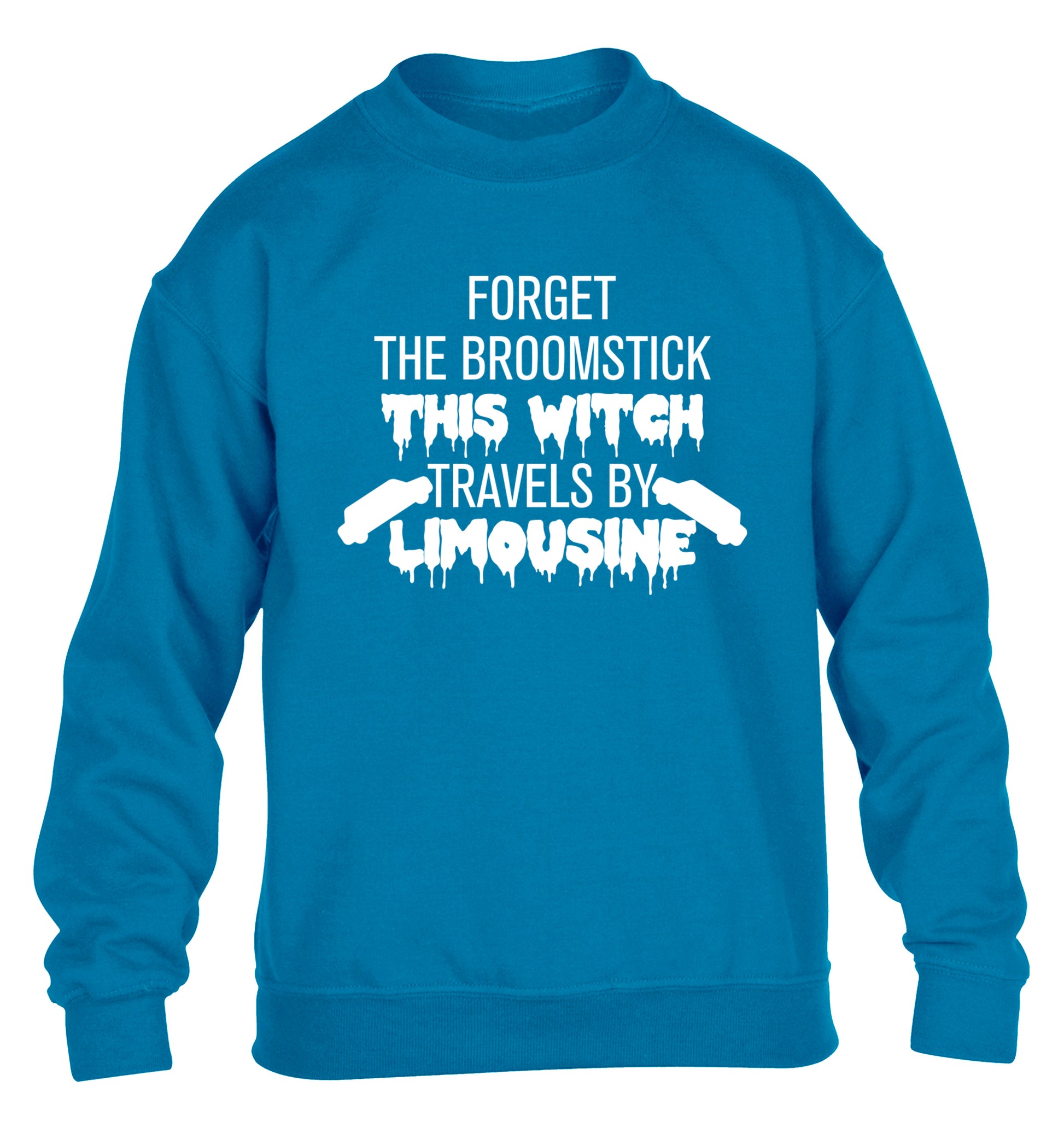 Forget the broomstick this witch travels by limousine children's blue sweater 12-14 Years