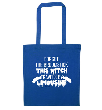 Forget the broomstick this witch travels by limousine blue tote bag