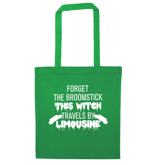 Forget the broomstick this witch travels by limousine green tote bag