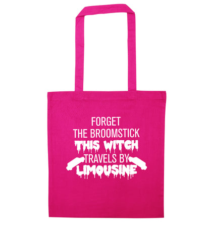 Forget the broomstick this witch travels by limousine pink tote bag