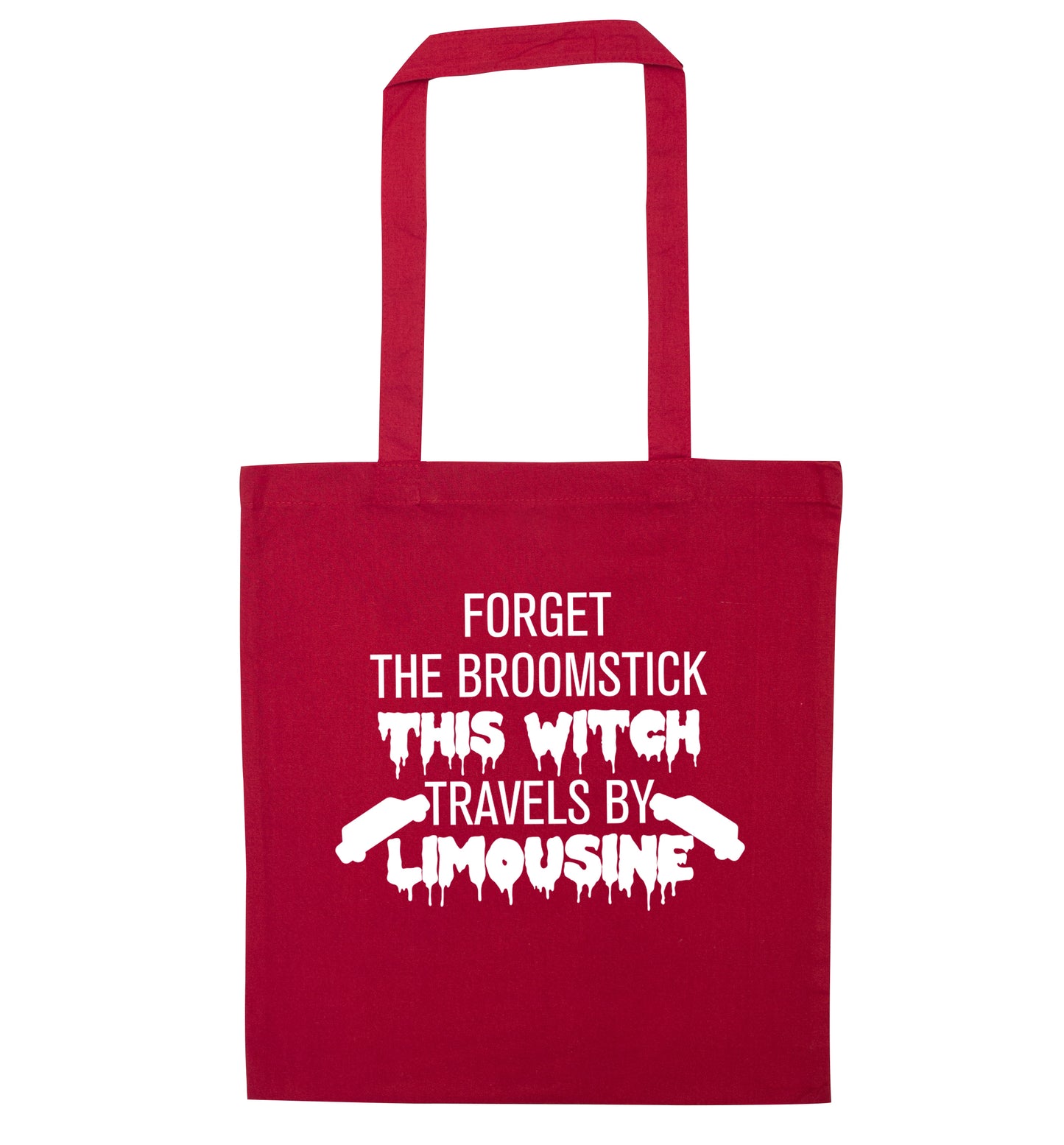 Forget the broomstick this witch travels by limousine red tote bag