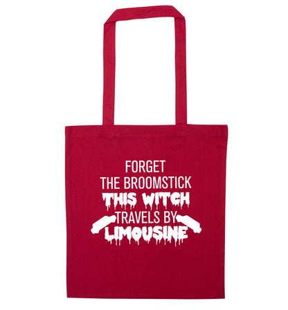 Forget the broomstick this witch travels by limousine red tote bag