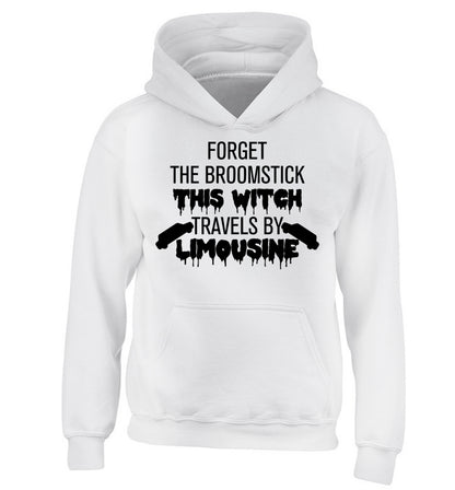 Forget the broomstick this witch travels by limousine children's white hoodie 12-14 Years