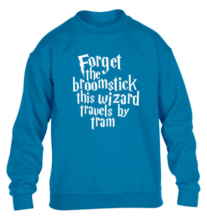 Forget the broomstick this wizard travels by tram children's blue sweater 12-14 Years