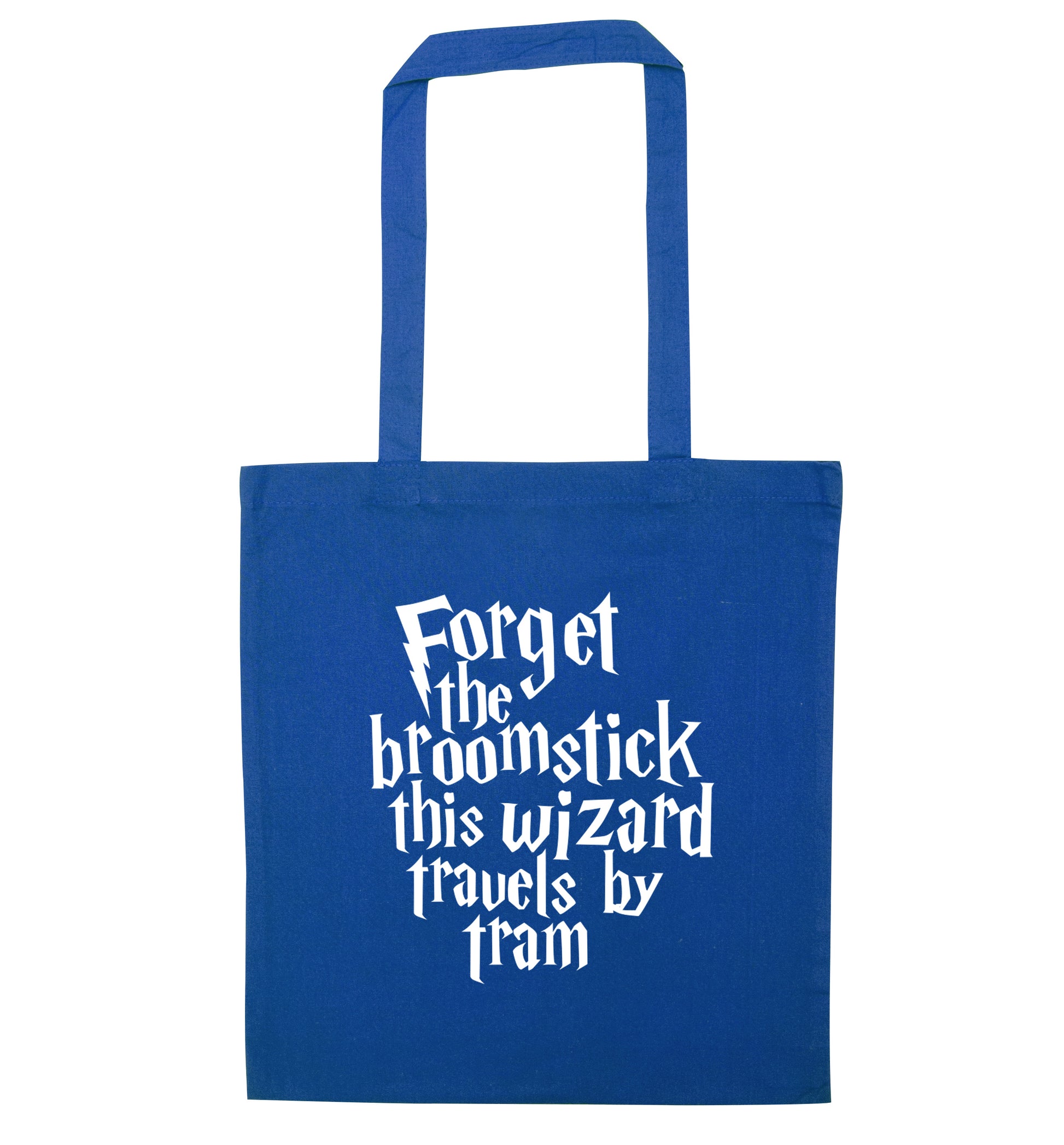 Forget the broomstick this wizard travels by tram blue tote bag