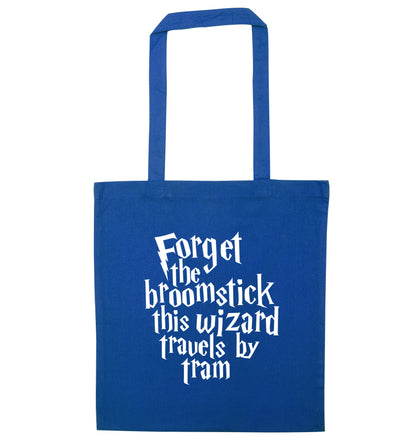 Forget the broomstick this wizard travels by tram blue tote bag