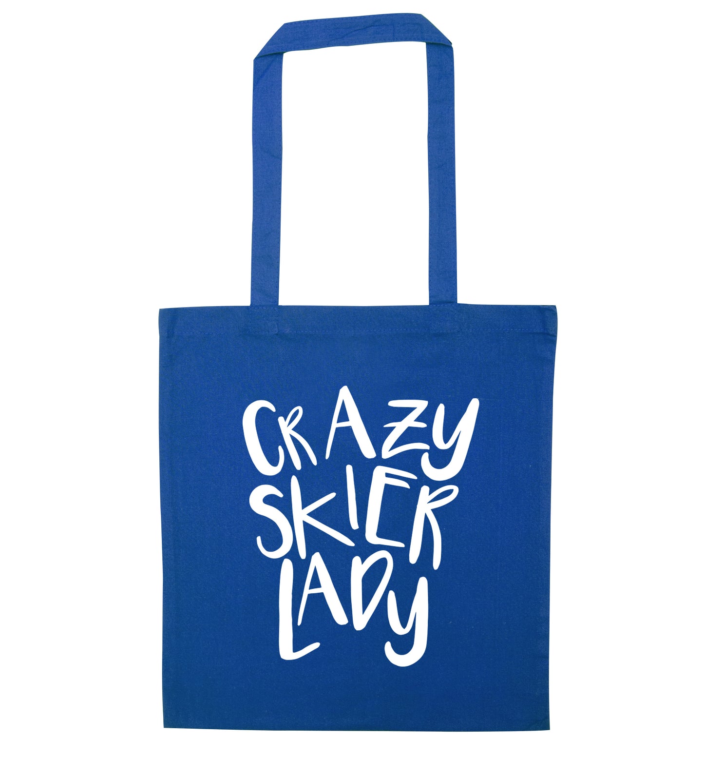 Crazy skier lady blue tote bag