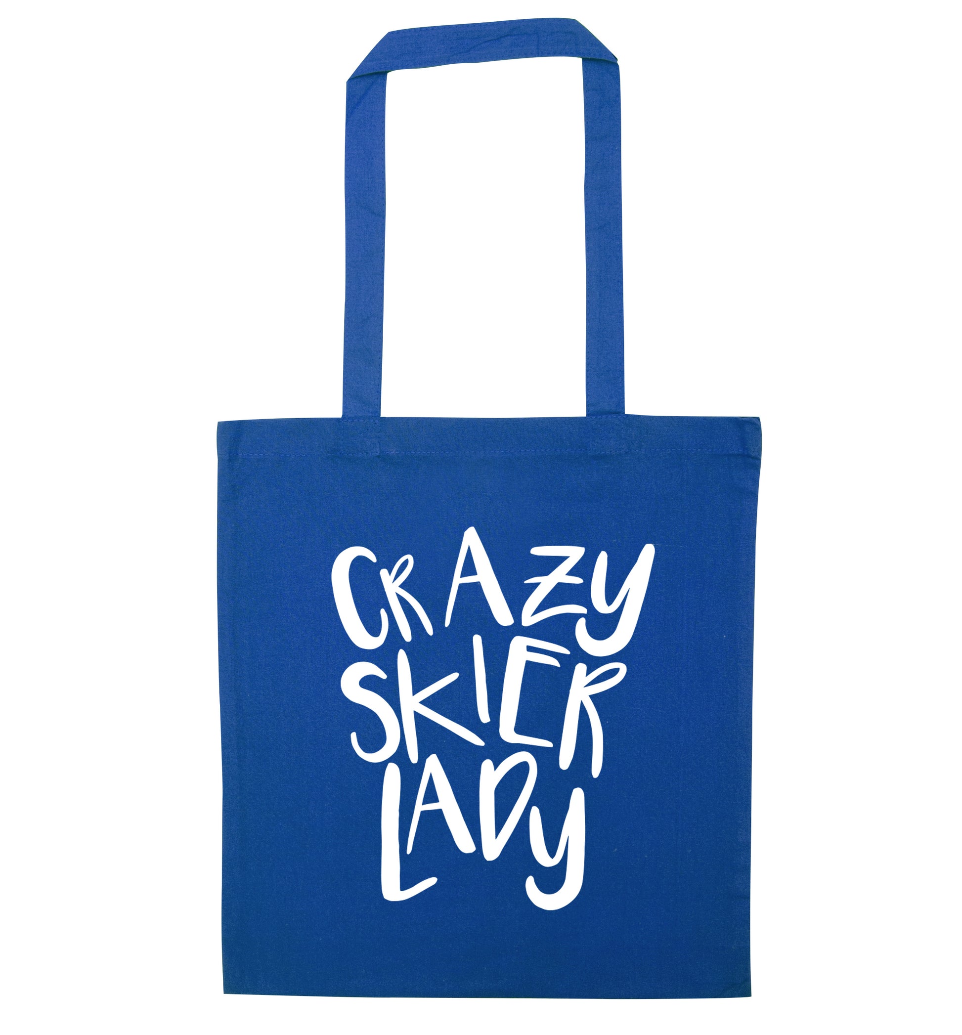 Crazy skier lady blue tote bag