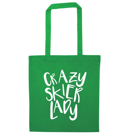 Crazy skier lady green tote bag