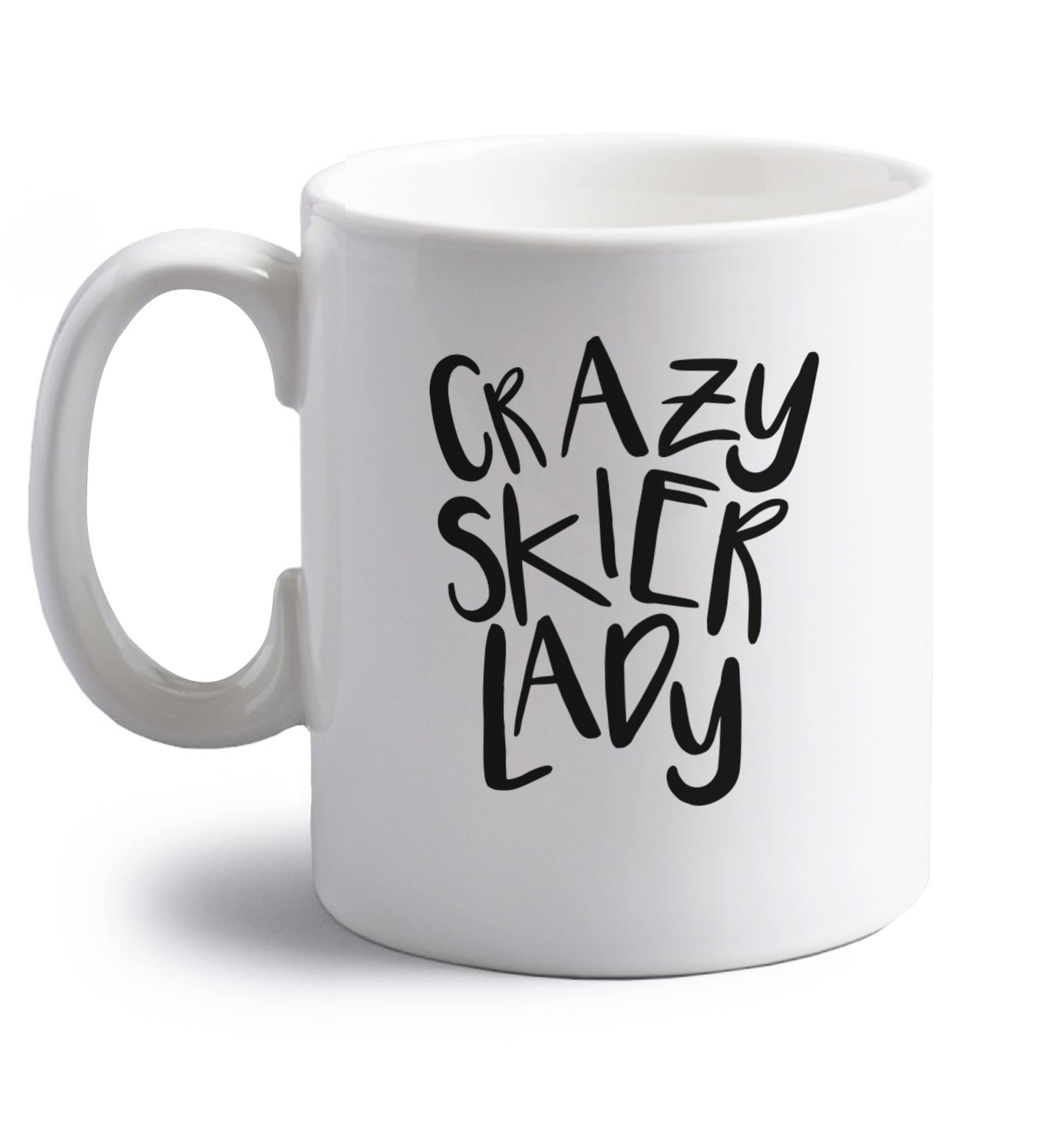 Crazy skier lady right handed white ceramic mug 