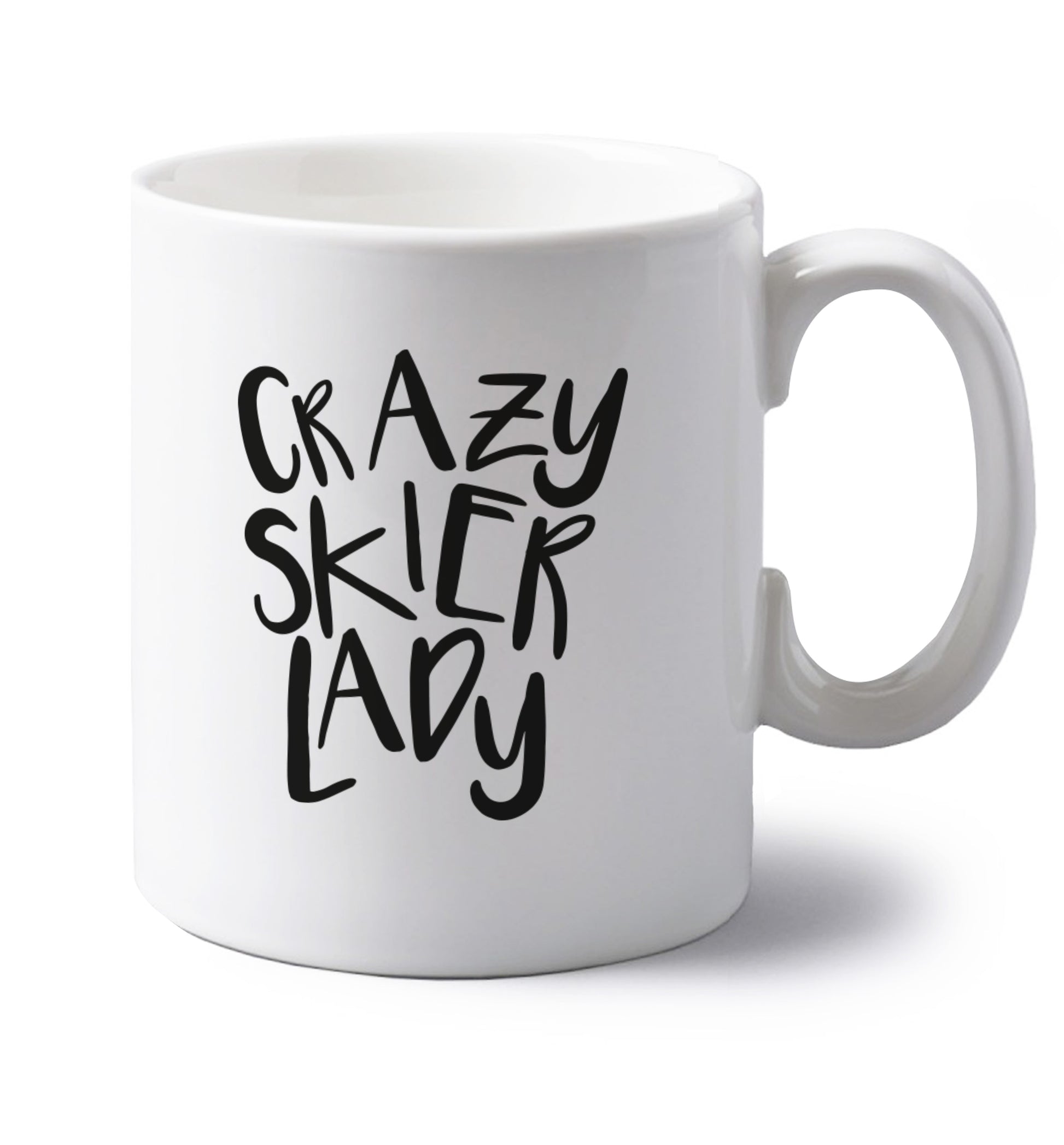 Crazy skier lady left handed white ceramic mug 