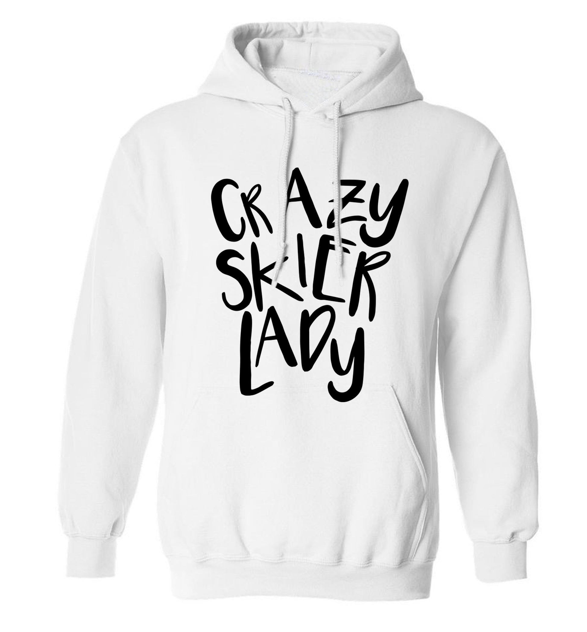 Crazy skier lady adults unisexwhite hoodie 2XL