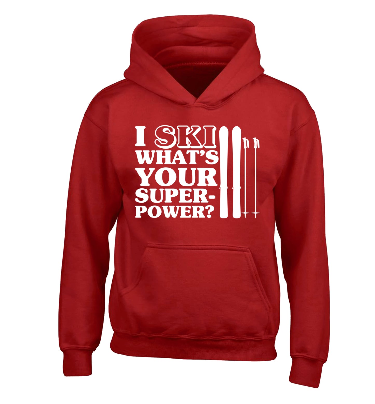 I ski what's your superpower? children's red hoodie 12-14 Years