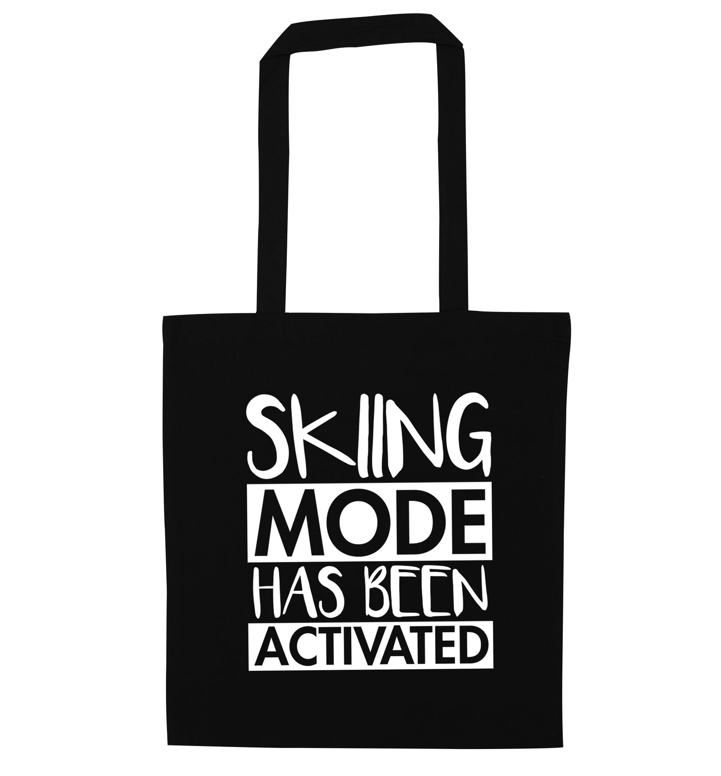 Skiing mode activated black tote bag