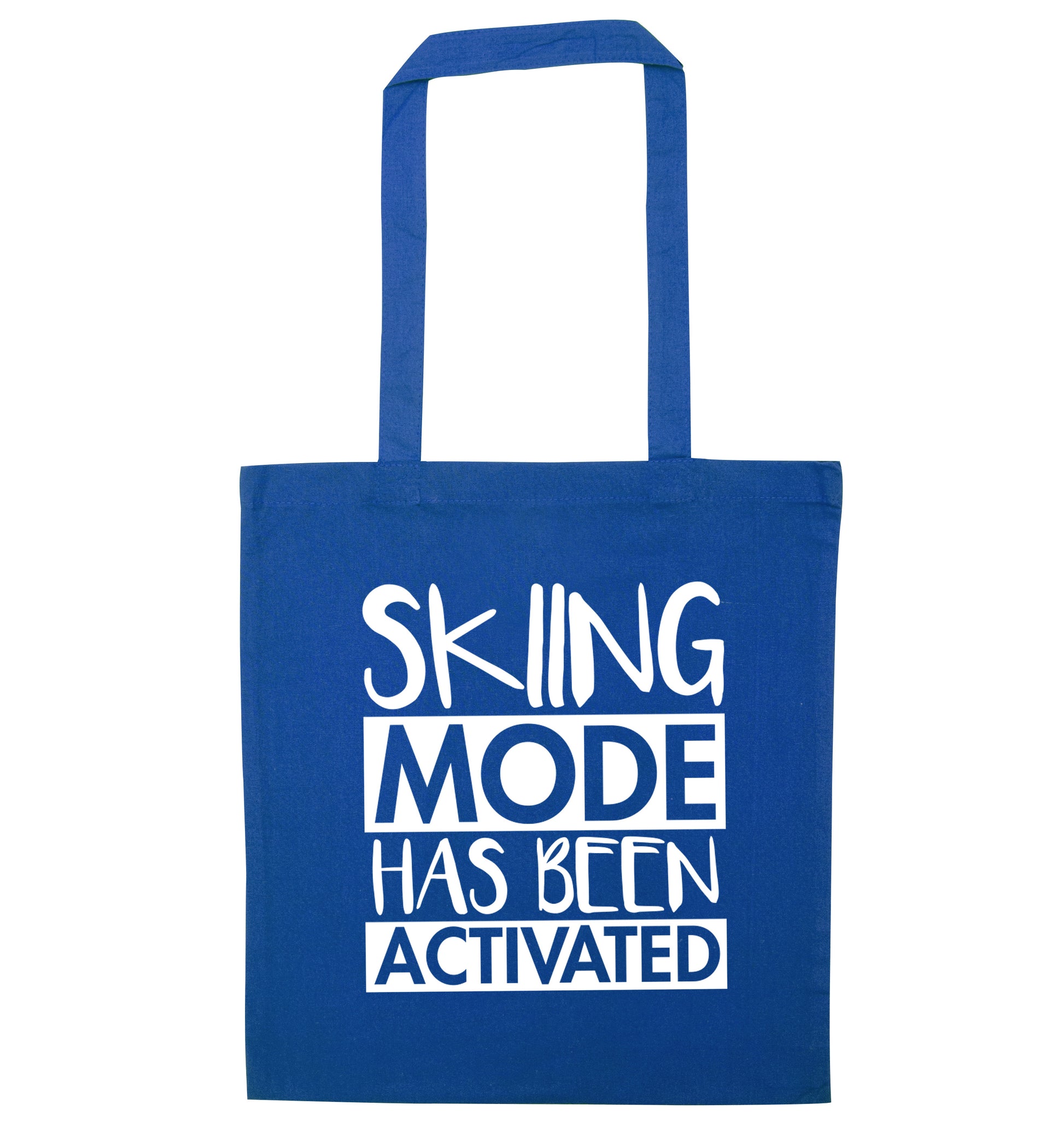 Skiing mode activated blue tote bag