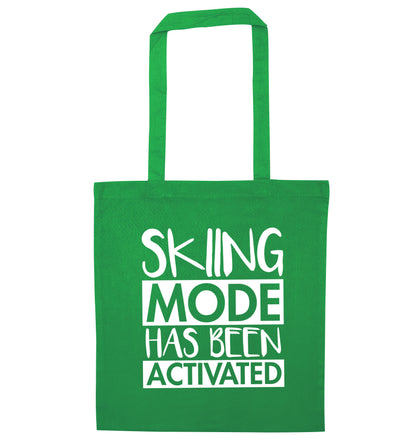 Skiing mode activated green tote bag