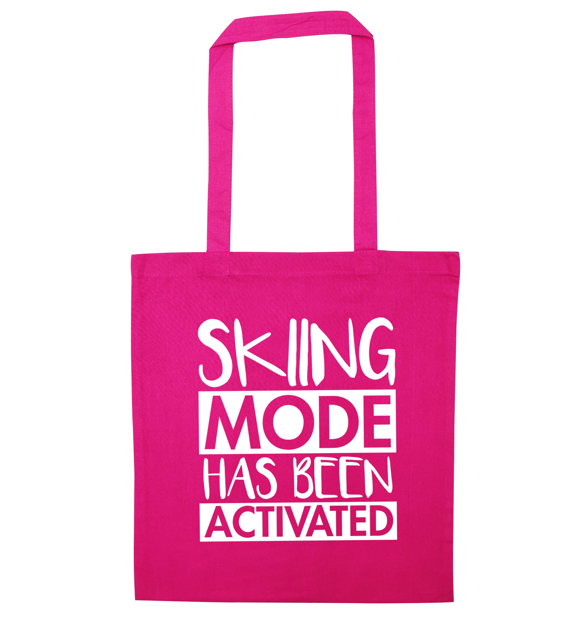 Skiing mode activated pink tote bag