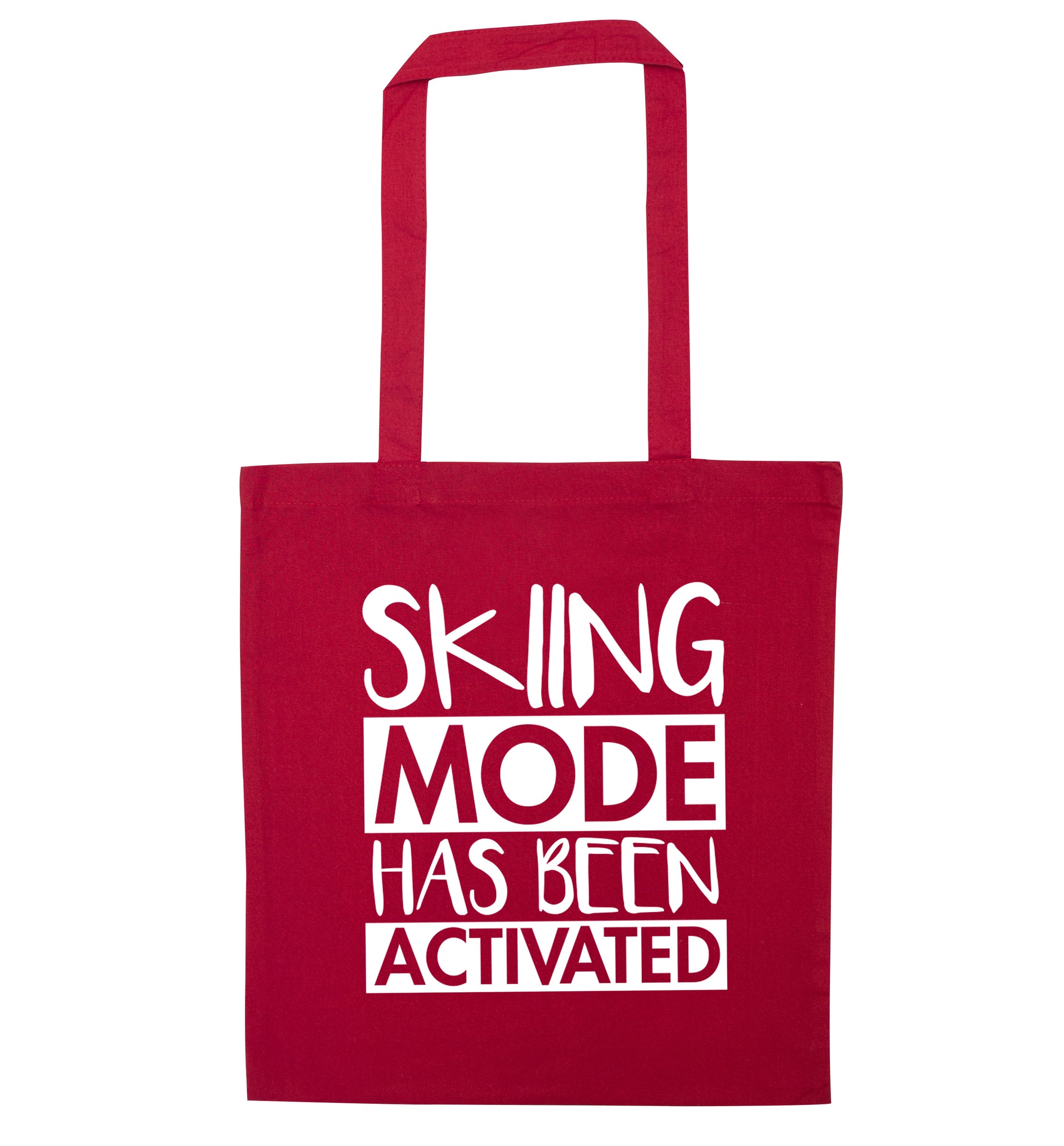 Skiing mode activated red tote bag
