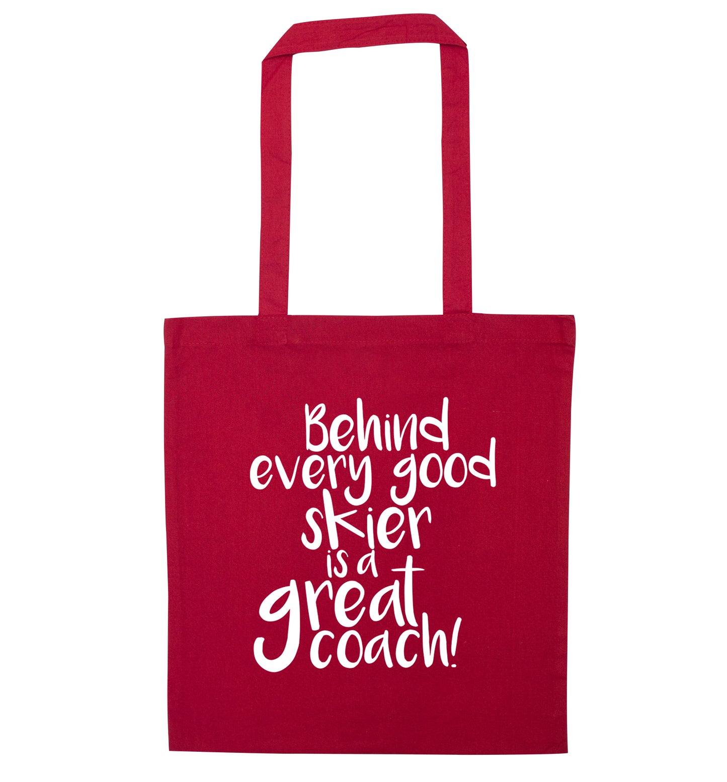 Behind every good skier is a great coach! red tote bag