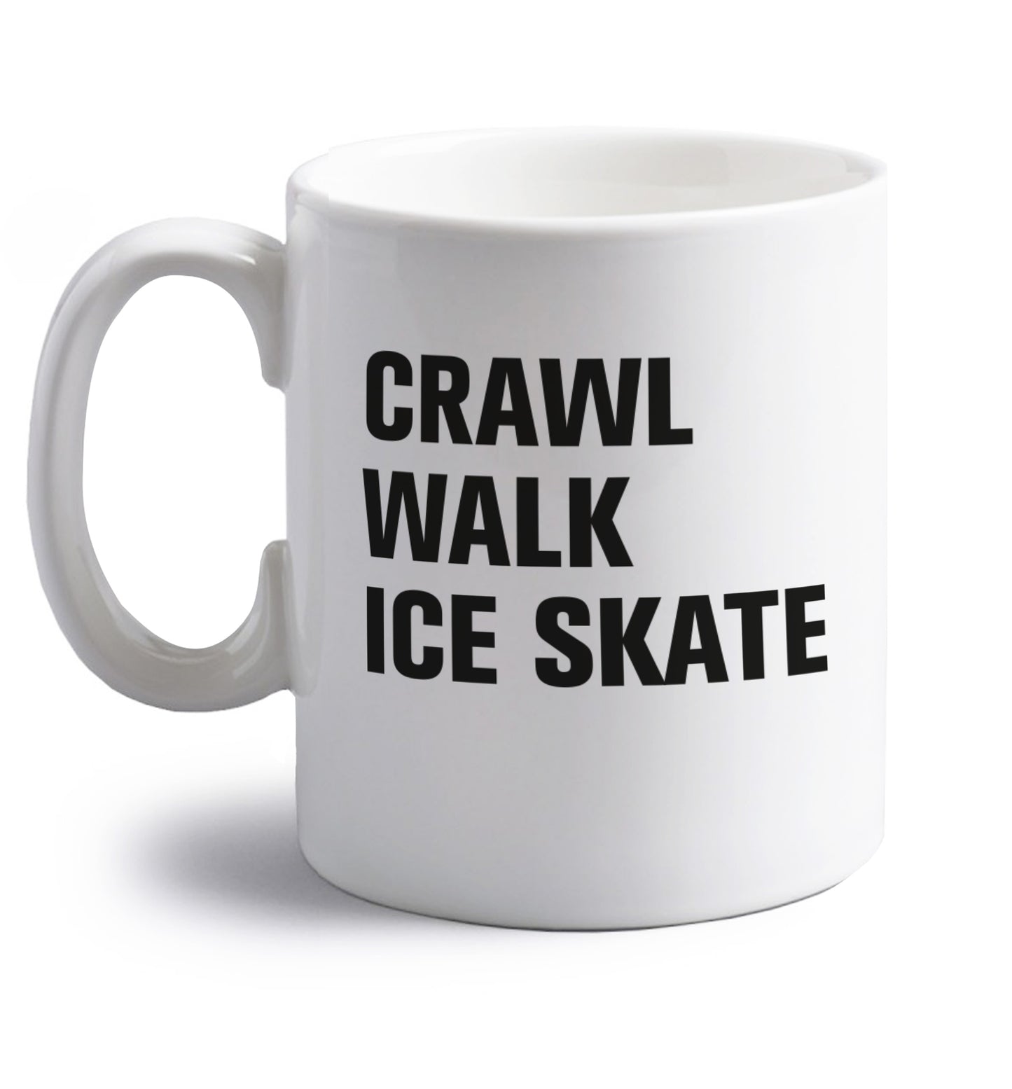 Crawl walk ice skate right handed white ceramic mug 