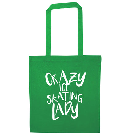 Crazy ice skating lady green tote bag