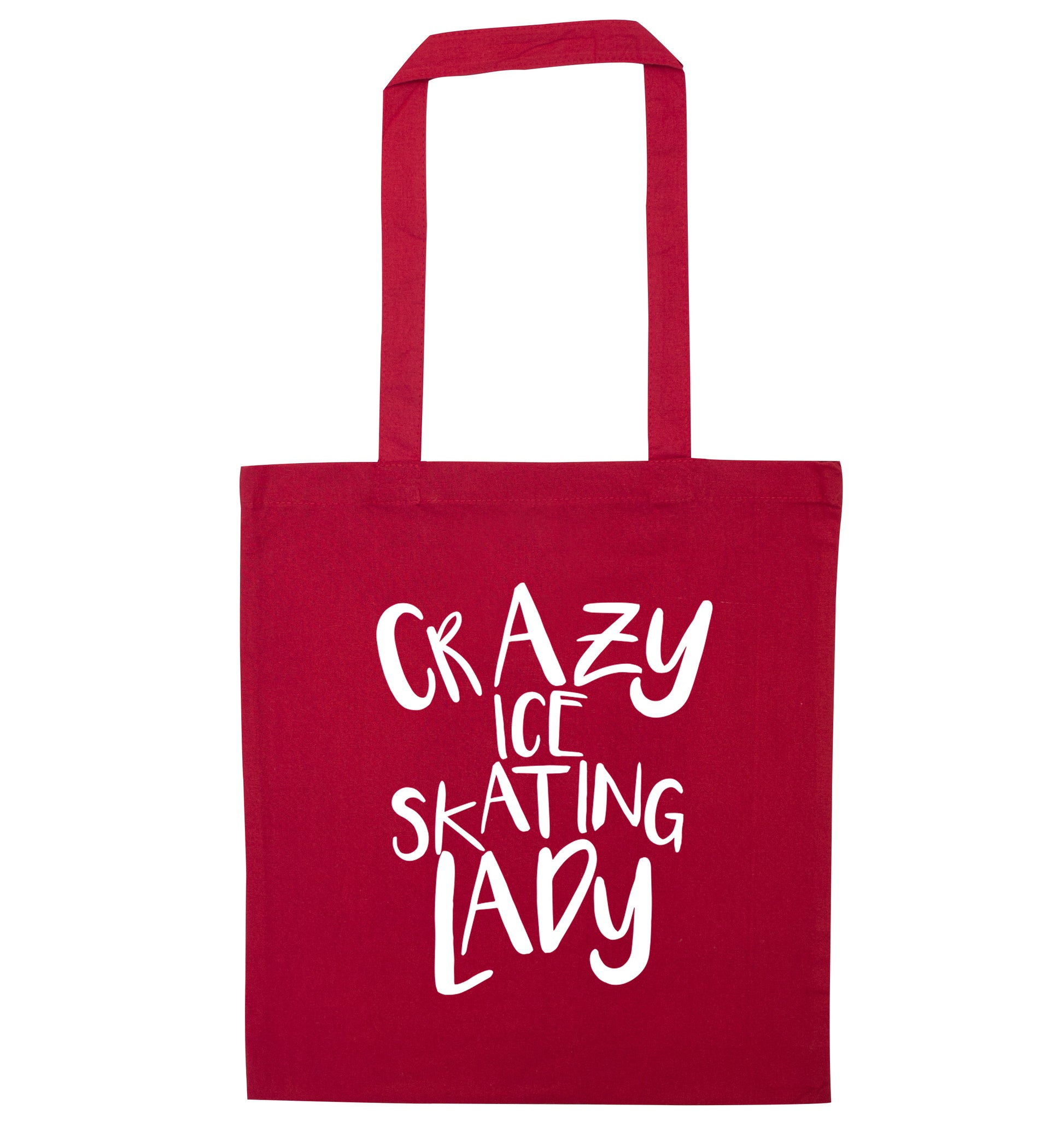 Crazy ice skating lady red tote bag